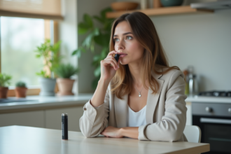 Jeune femme en jeans tenant une batterie dans une cuisine lumineuse