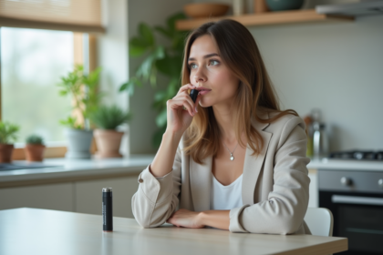 Jeune femme en jeans tenant une batterie dans une cuisine lumineuse
