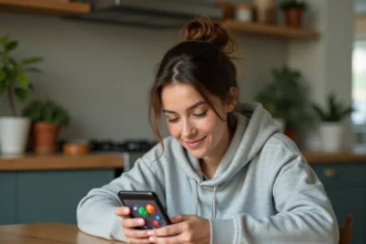 Jeune femme jouant à Monopoly GO sur smartphone à une table en bois, stratégie pour obtenir des dés gratuits pendant les tournois