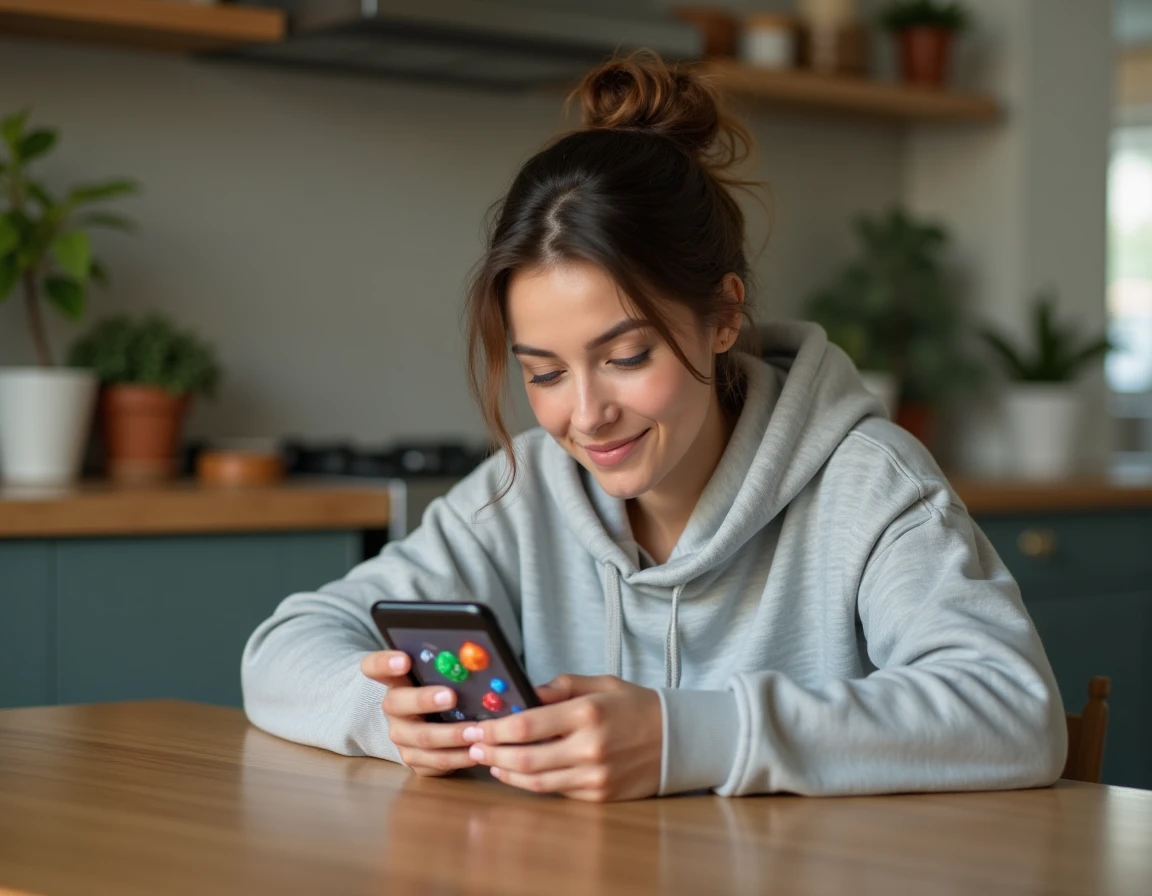 Jeune femme jouant à Monopoly GO sur smartphone à une table en bois, stratégie pour obtenir des dés gratuits pendant les tournois