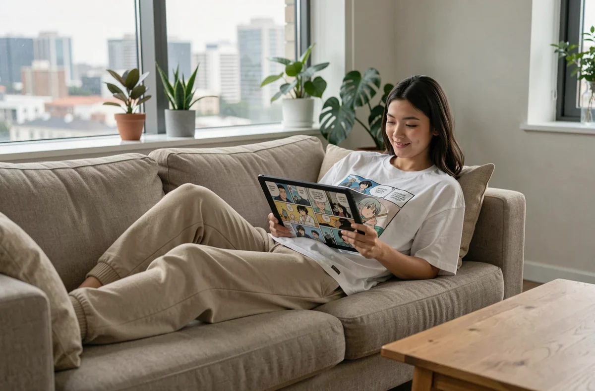 Jeune femme lisant des chapitres de manga One Piece sur une tablette dans un salon moderne