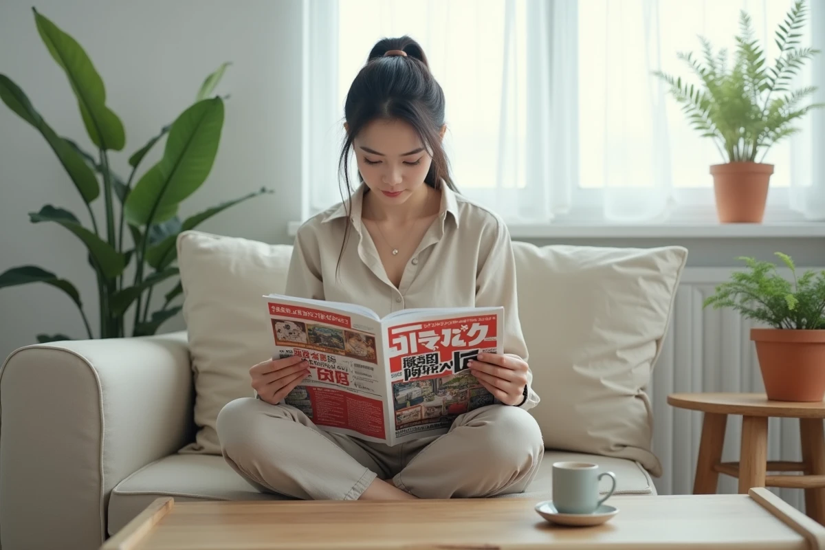 Femme lisant le Weekly Shonen Jump japonais sur un canapé, suivant la parution hebdomadaire de One Piece