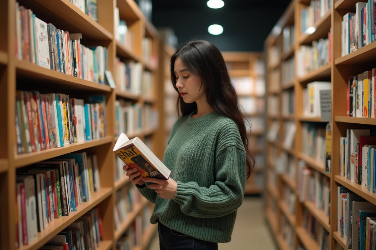 Jeune femme en librairie française découvrant les volumes disponibles de Exorcism Records Journey to the West en version française
