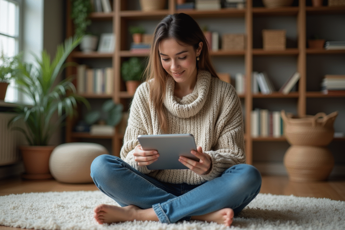 Femme lisant un tablet dans un salon cosy et moderne