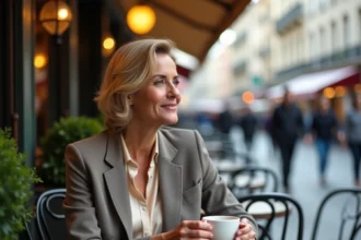 Femme mature et élégante assise seule à une terrasse de café parisien, illustrant les rencontres cougar en milieu urbain