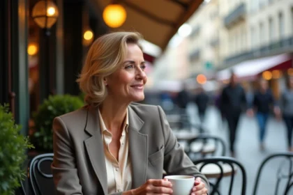 Femme mature et élégante assise seule à une terrasse de café parisien, illustrant les rencontres cougar en milieu urbain