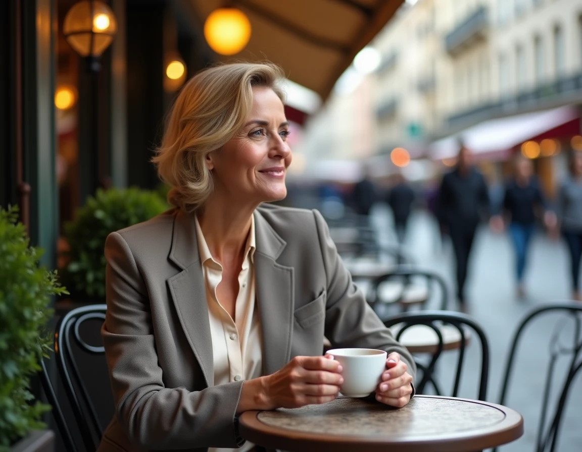 Femme mature et élégante assise seule à une terrasse de café parisien, illustrant les rencontres cougar en milieu urbain