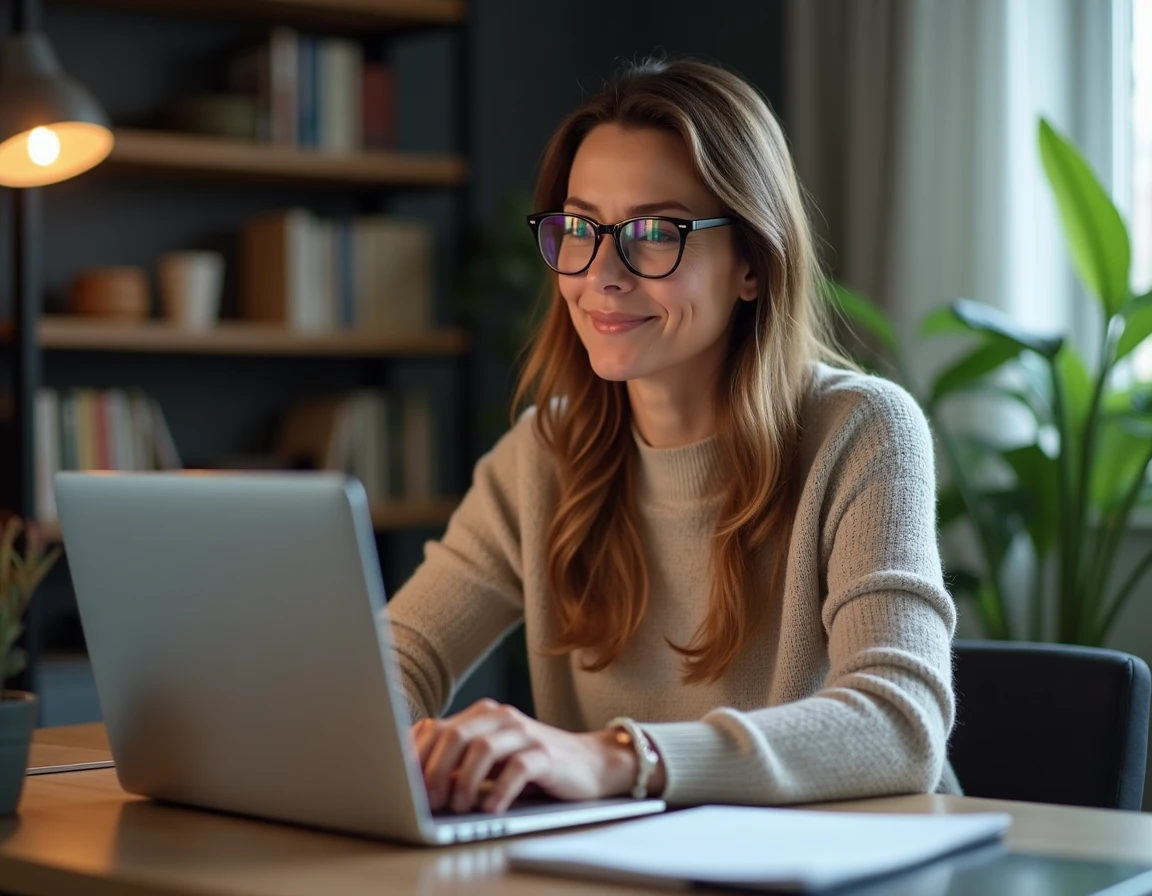 Femme mature utilisant un site de rencontres cougar sur son ordinateur portable à domicile, représentant l'inscription sur JM Cougar