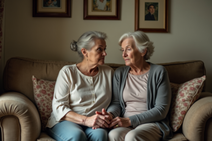 Femme d'âge moyen et sa mère âgée assises ensemble sur un sofa
