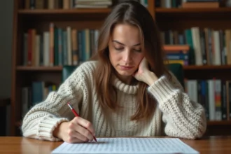 Femme résolvant un mot croisé Codycross posée sur un bureau en bois, entourée de dictionnaires dans un bureau cosy