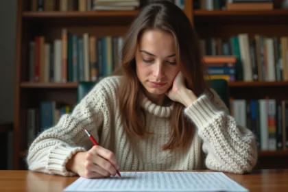 Femme résolvant un mot croisé Codycross posée sur un bureau en bois, entourée de dictionnaires dans un bureau cosy