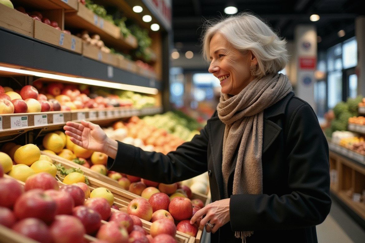 Femme souriante achetant des pommes dans un supermarché à Strasbourg