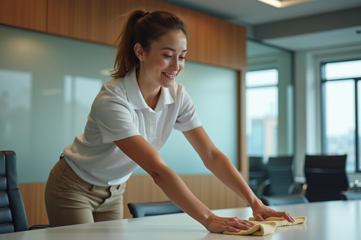 Jeune femme nettoyant une table de réunion avec un chiffon dans un bureau moderne