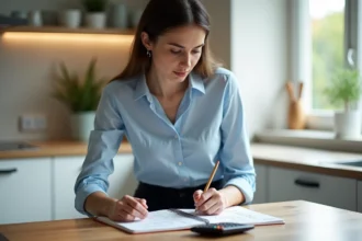 Jeune femme prenant des notes dans la cuisine moderne