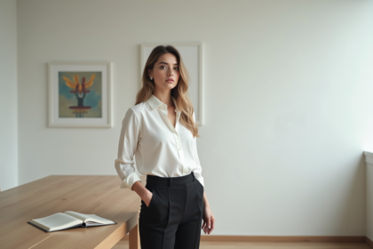 Jeune femme en tenue élégante dans un bureau lumineux