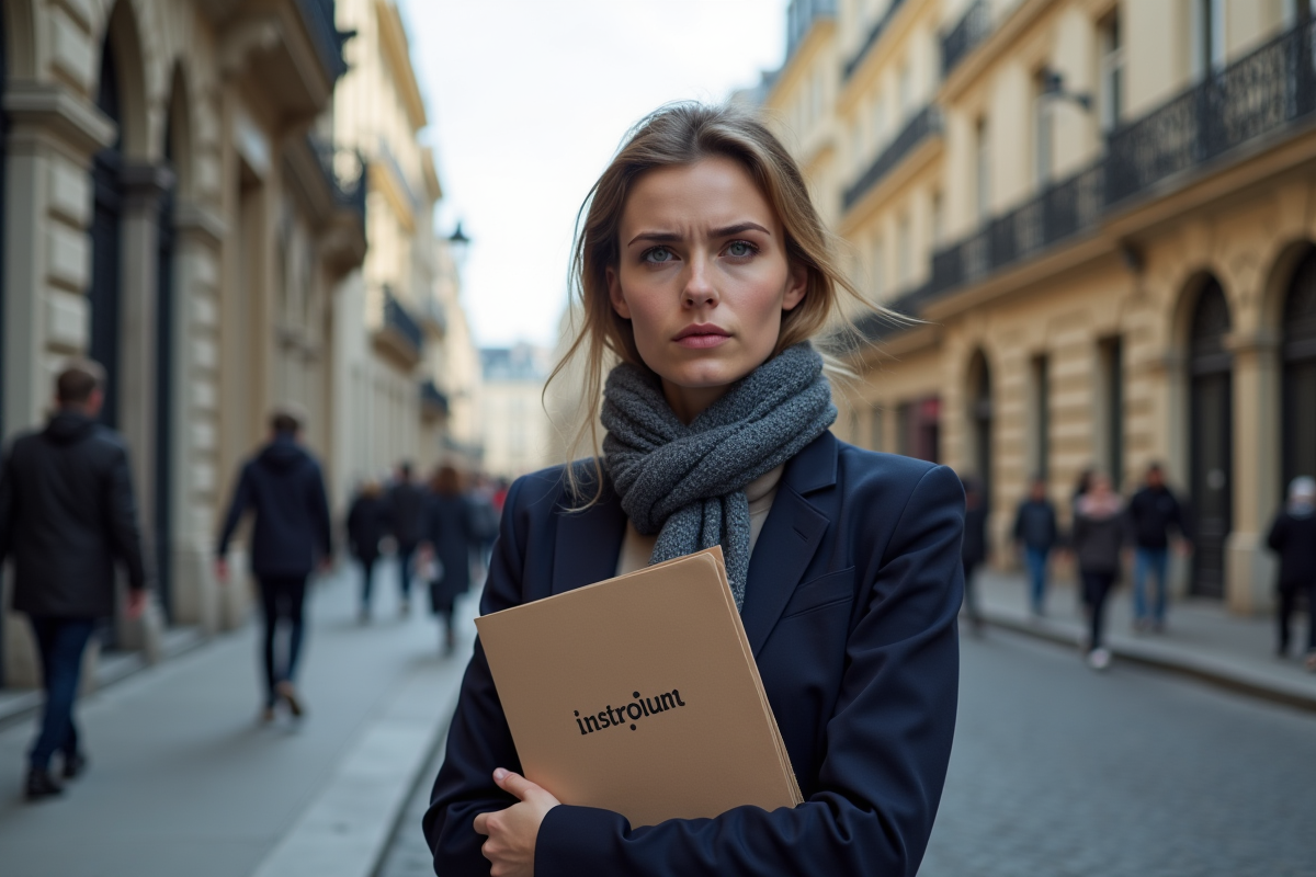 Jeune femme parisienne avec dossier impots en extérieur