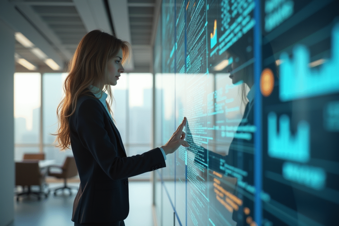 Jeune femme professionnelle utilisant un portail digital moderne