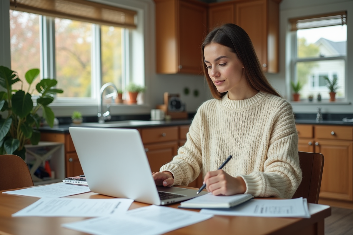 Femme en cuisine comparant des offres de prêt immobilier