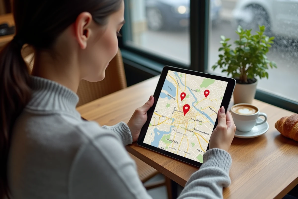 Jeune femme recherchant un bureau de tabac sur une carte interactive depuis une tablette dans un café