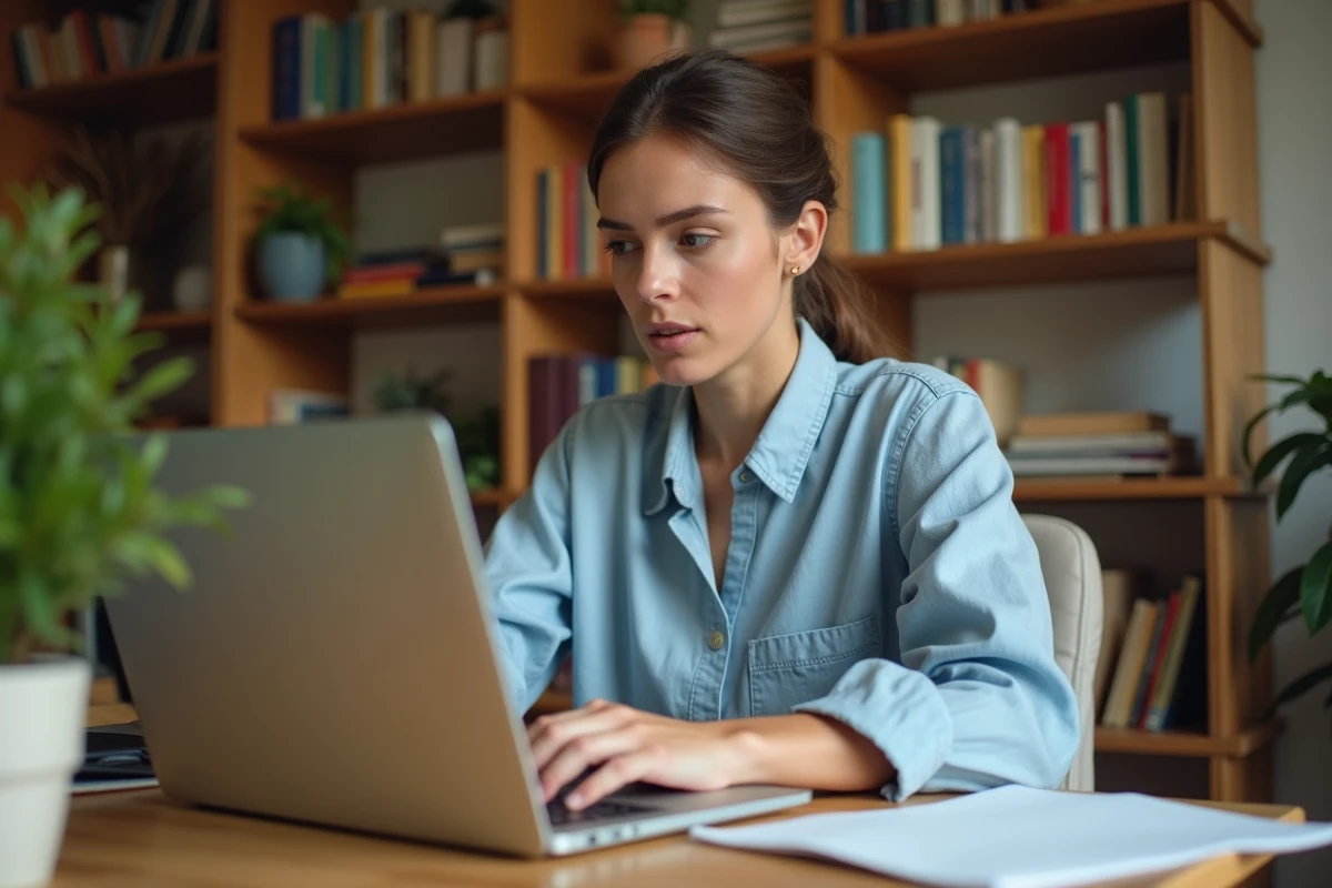 Jeune femme cherchant la traduction de kayakobémé sur son ordinateur portable dans un bureau à domicile cosy