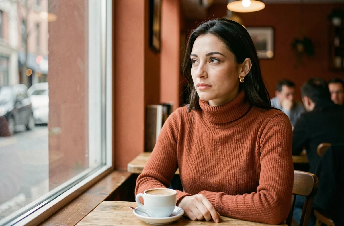 Femme pensive dans un café tenant un café, évoquant la réflexion après avoir remarqué qu'un homme ne regarde plus ses stories