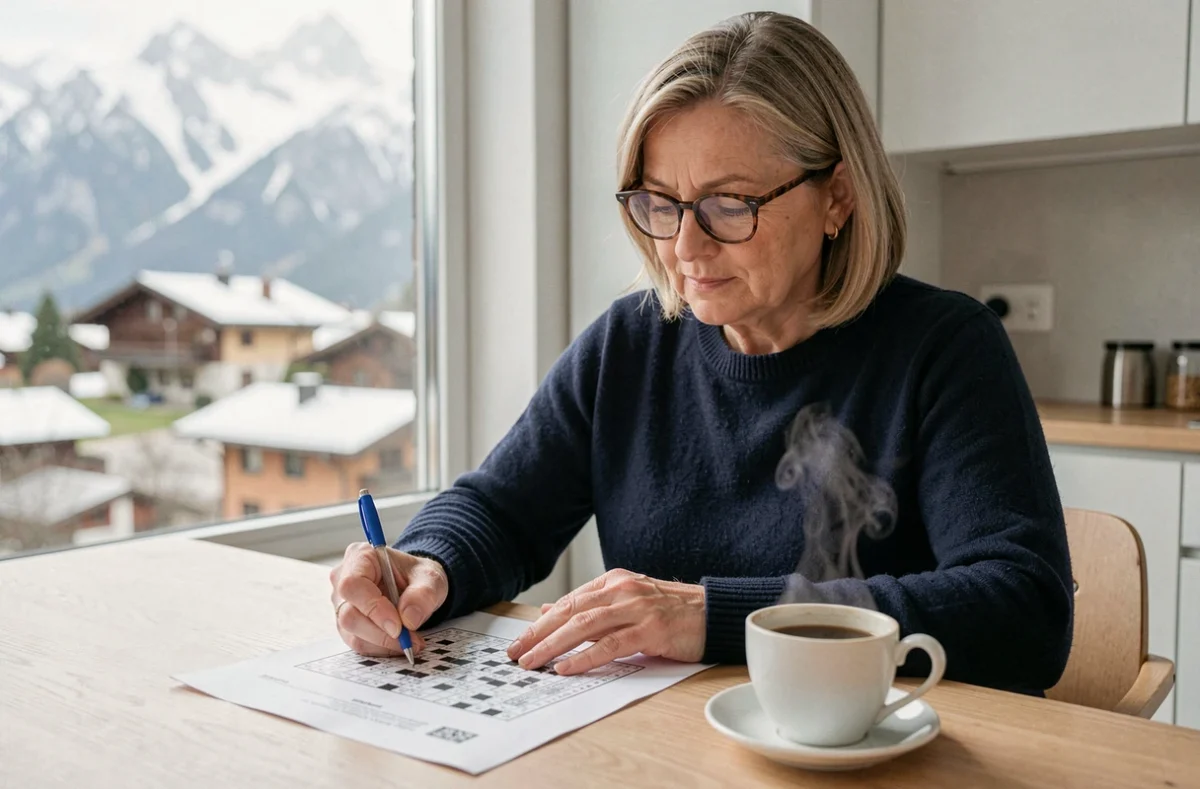 Femme suisse d'âge moyen résolvant des mots fléchés sur les cantons suisses dans une cuisine avec vue sur les Alpes