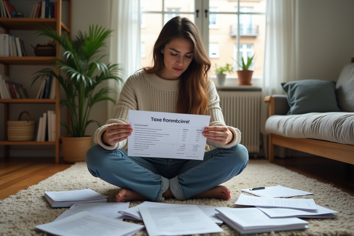 Jeune femme dans son salon examinant des formulaires fiscaux