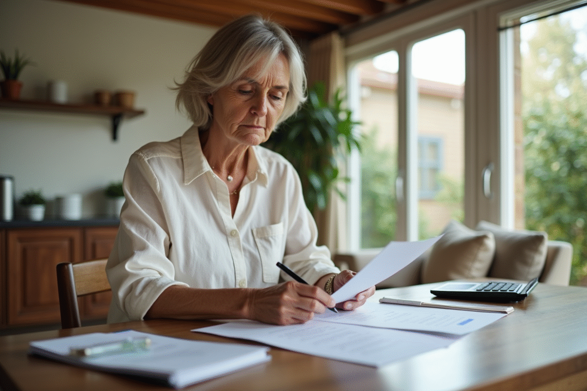 Femme d'âge moyen examine des papiers et une calculatrice dans un salon lumineux