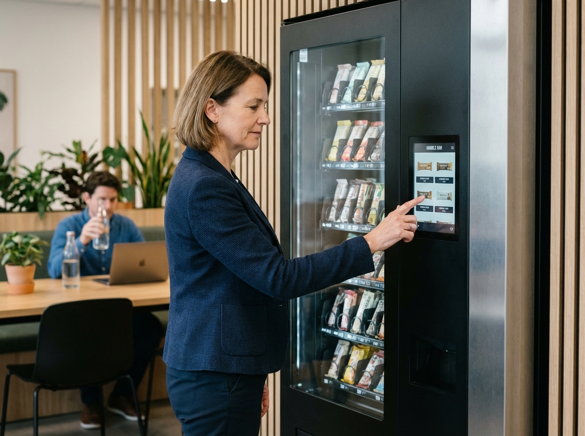 Femme sélectionnant une barre de snack saine dans une salle de pause