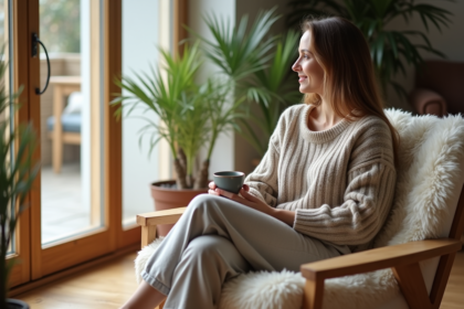 Femme relaxee dans un salon scandinave cozy