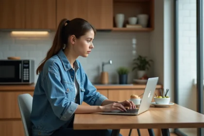 Jeune femme vérifiant une alerte de sécurité sur son ordinateur dans la cuisine