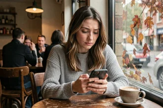 Femme seule dans un café regardant son téléphone avec une expression mélancolique, illustrant la trahison en amour