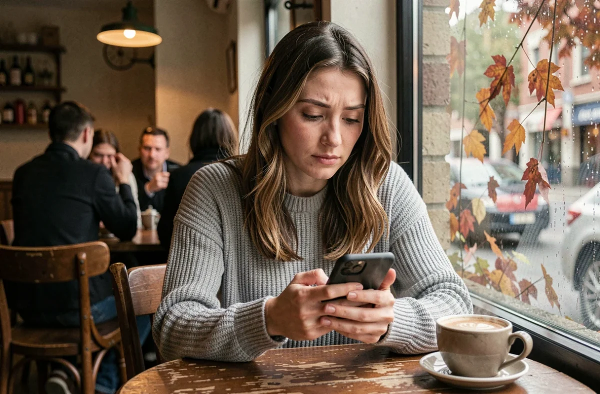 Femme seule dans un café regardant son téléphone avec une expression mélancolique, illustrant la trahison en amour