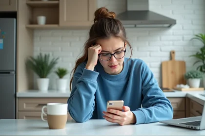 Jeune femme avec smartphone dans une cuisine moderne