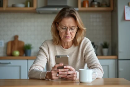 Femme d'âge moyen préoccupée regardant son smartphone dans la cuisine