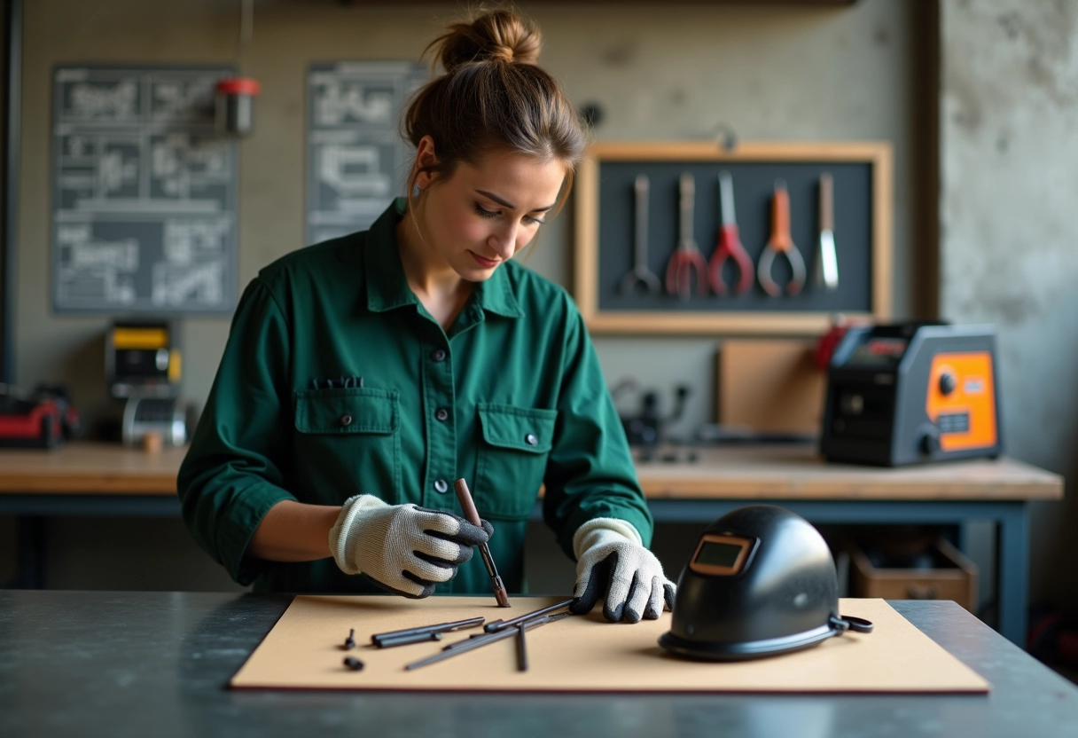 Jeune femme préparant ses accessoires de soudure