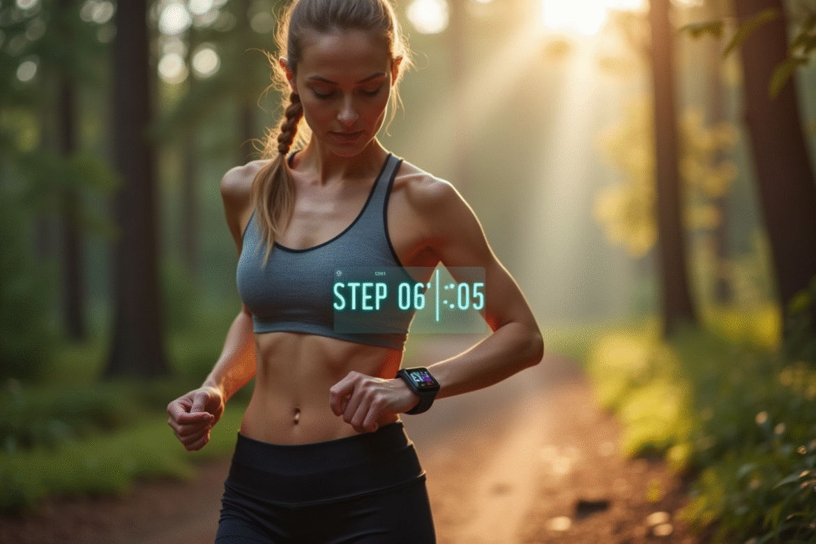 Femme sportive vérifiant sa montre connectée en forêt