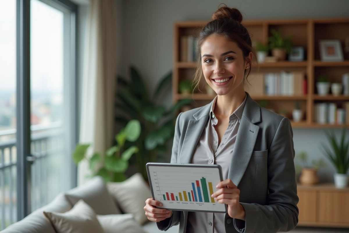 Jeune femme avec tablette affichant un graphique financier