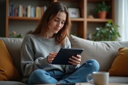 Jeune femme avec tablette dans un salon cosy