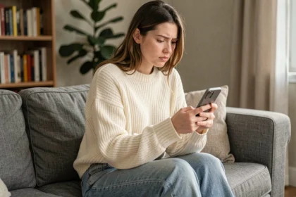 Jeune femme songeuse regardant son téléphone sur un canapé, illustrant l'inquiétude face à l'absence de vues sur ses stories
