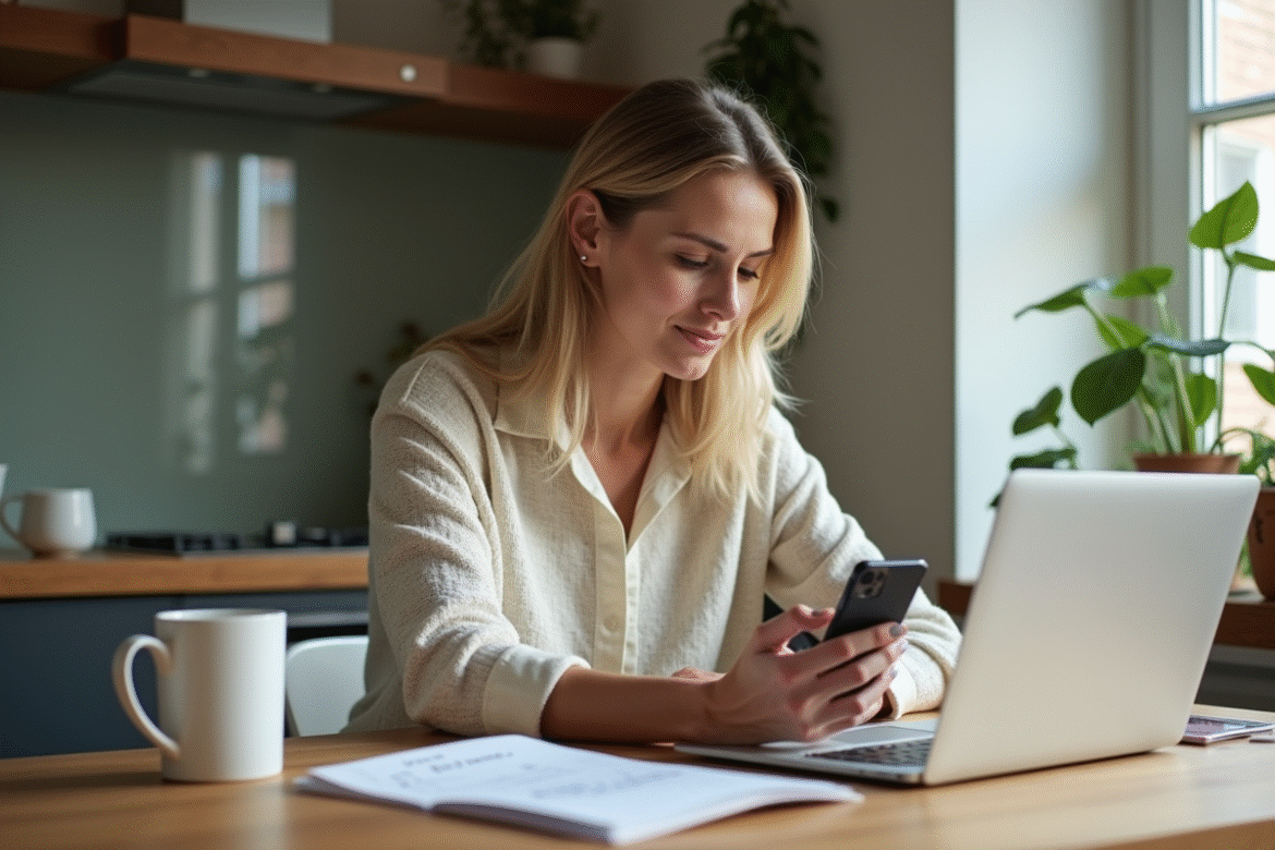Femme travaillant sur un ordinateur portable dans une cuisine moderne