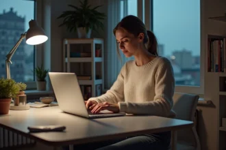 Jeune femme concentrée travaillant sur son ordinateur à la maison