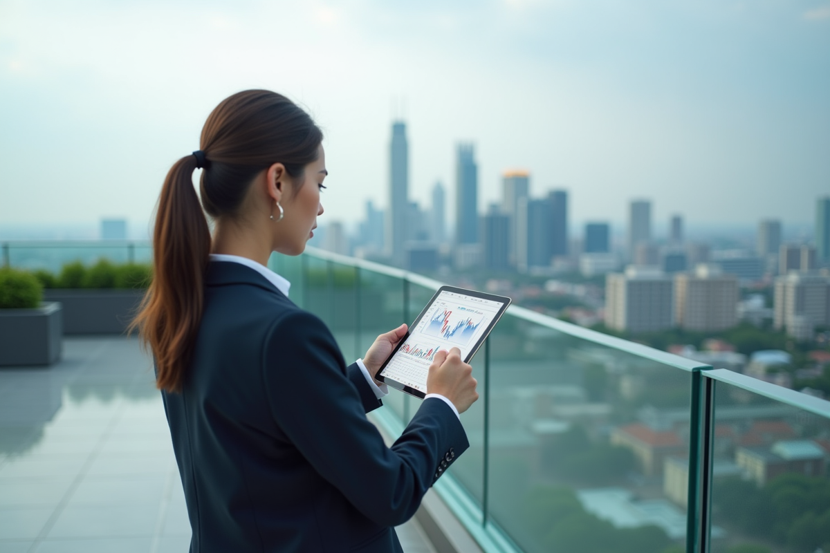 Jeune femme en extérieur analysant des graphiques sur une tablette
