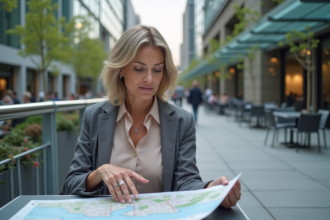 Femme d'âge moyen regardant une carte en ville
