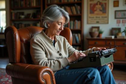 Femme d'âge moyen avec typewriter vintage dans un salon cosy