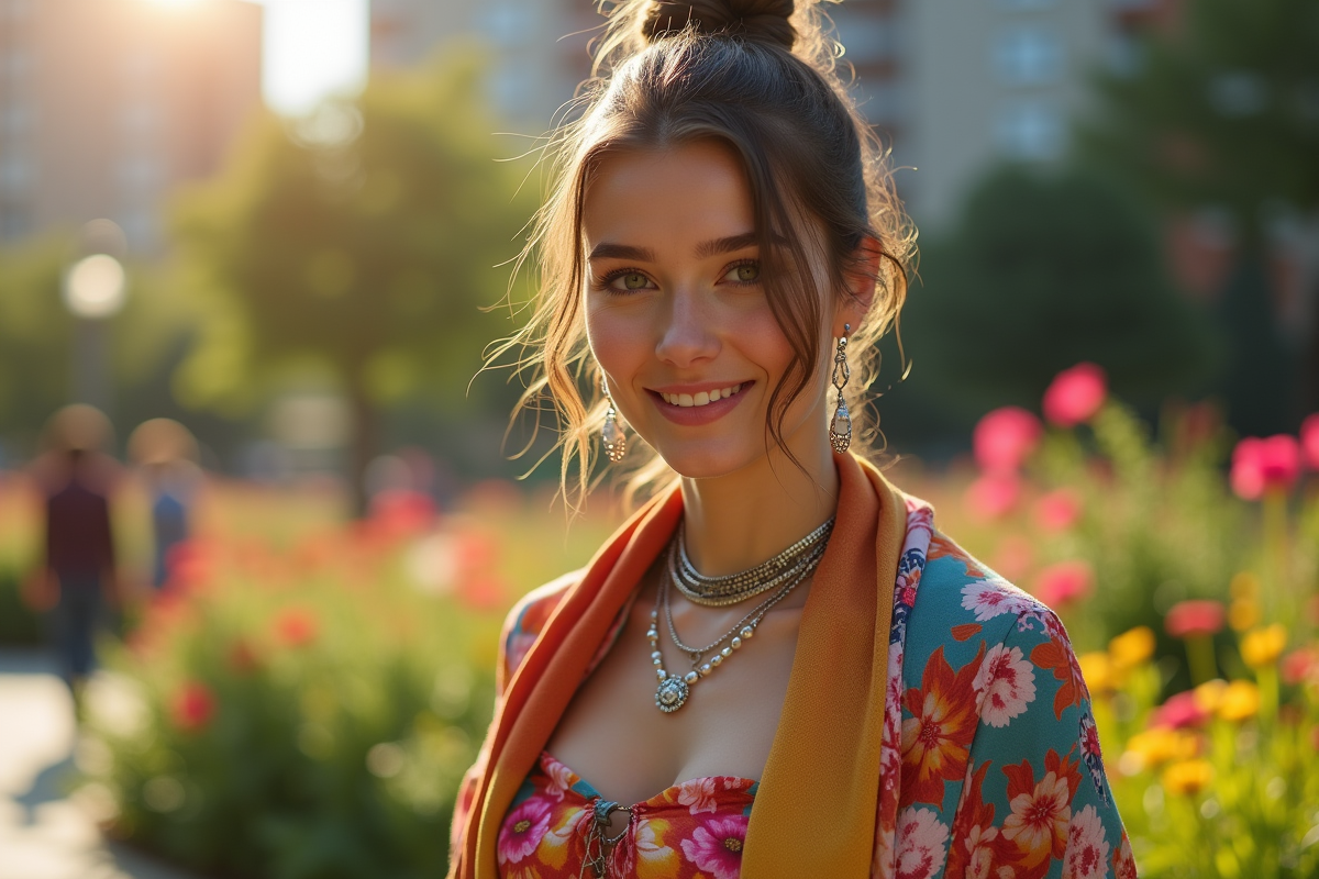 Jeune femme avec foulard et bijoux dans un jardin urbain ensoleille