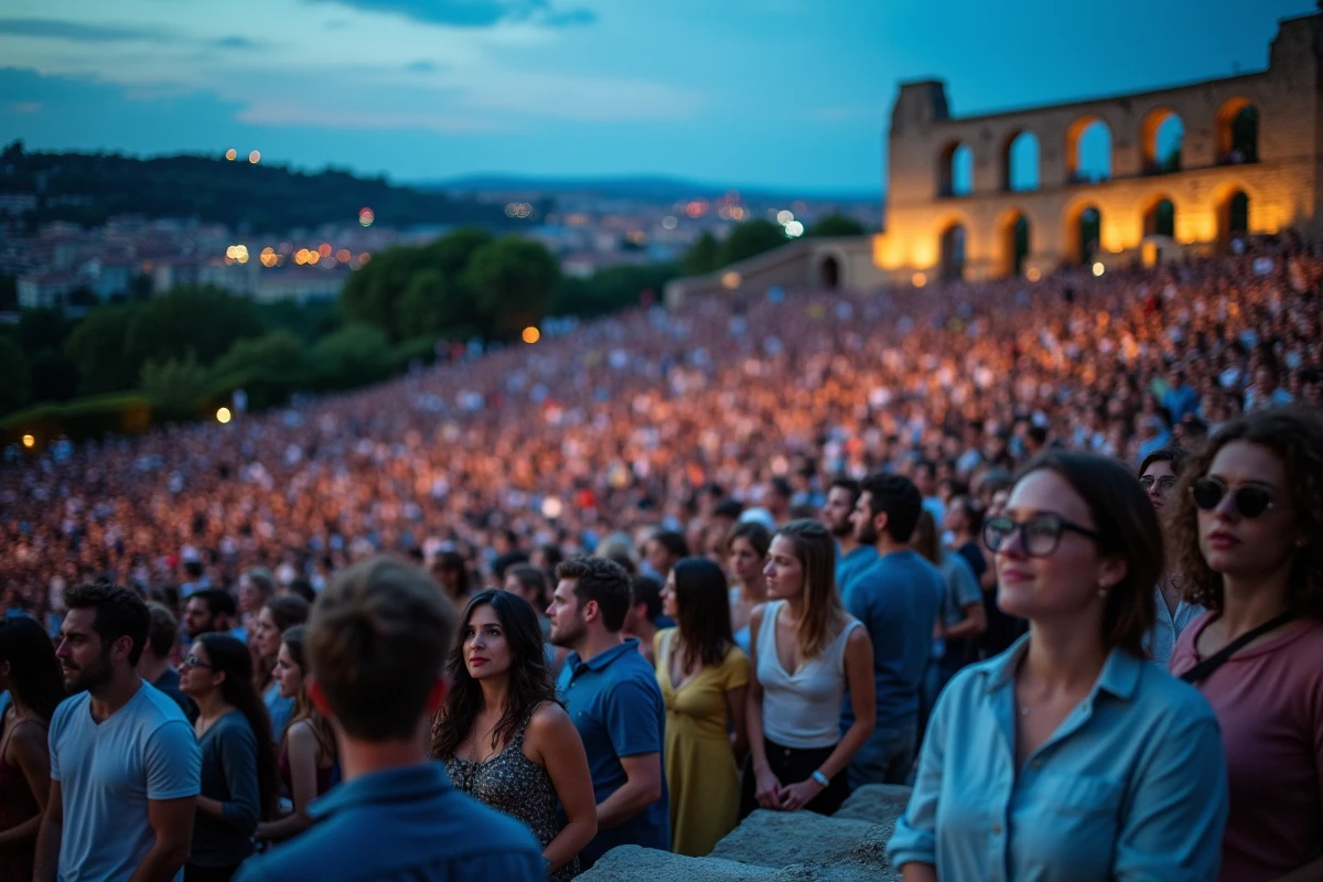 Foule de festivaliers au Théâtre antique de Fourvière lors du festival de musique de Lyon au crépuscule