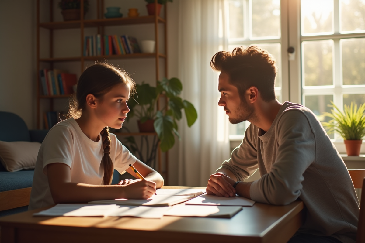 Fille adolescente avec son père travaillant sur des devoirs à la maison
