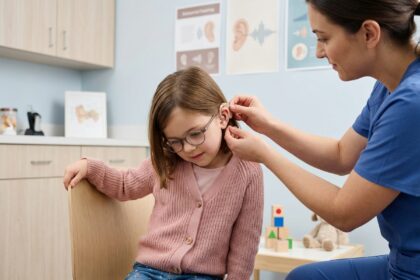 Jeune fille de sept ans avec lunettes et cardigan rose lors d'une séance d'audition