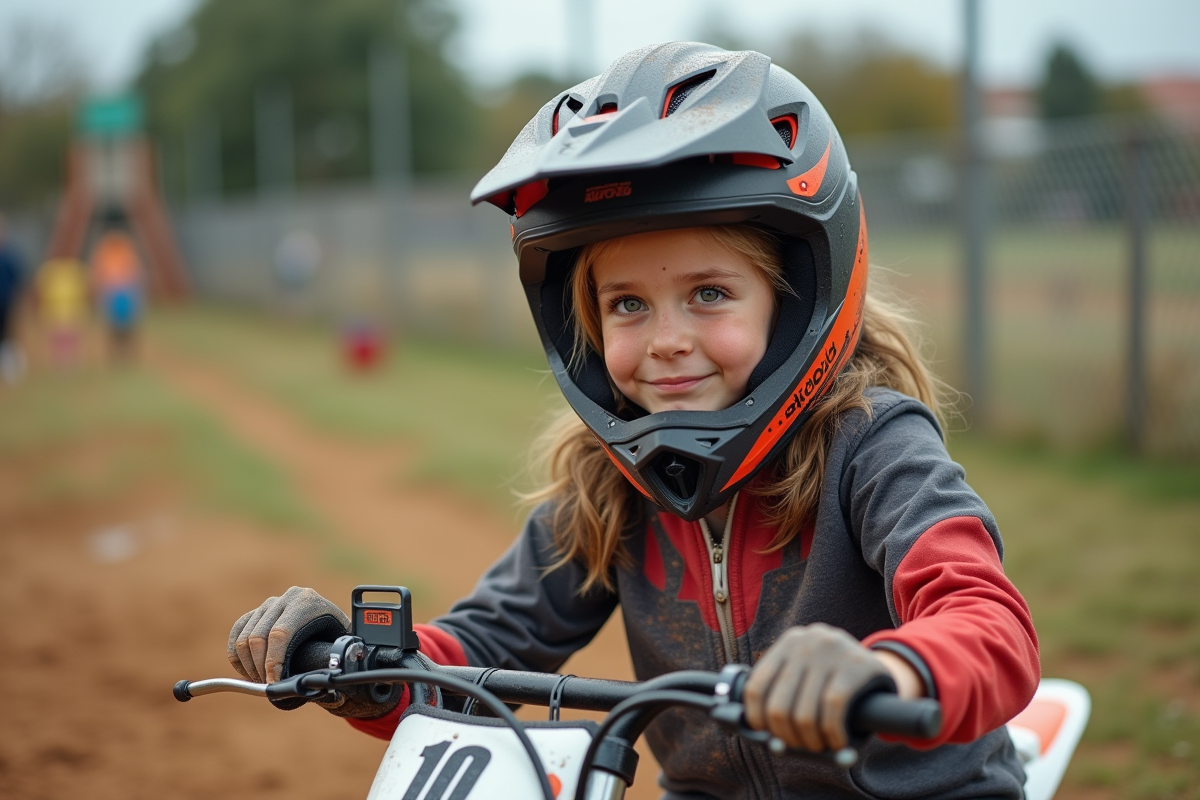 Fille de 14 ans ajustant son casque sur une moto cross
